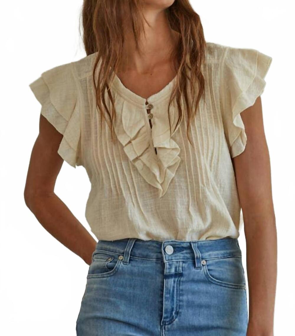 NEW BY TOGETHER woven cotton linen button v-neck short sleeve top in cream